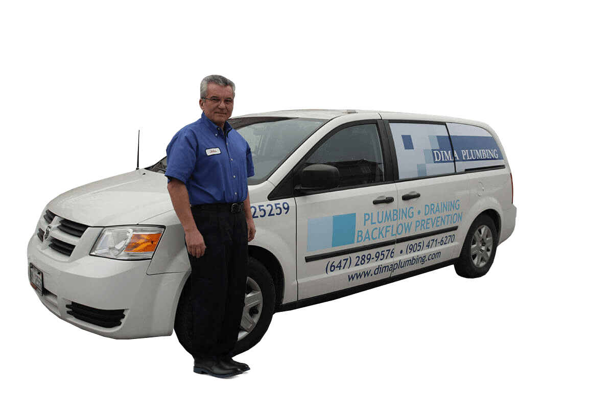Dima - Red Seal Licensed Master Plumber in Markham, Ontario, standing next to his Dima Plumbing service van