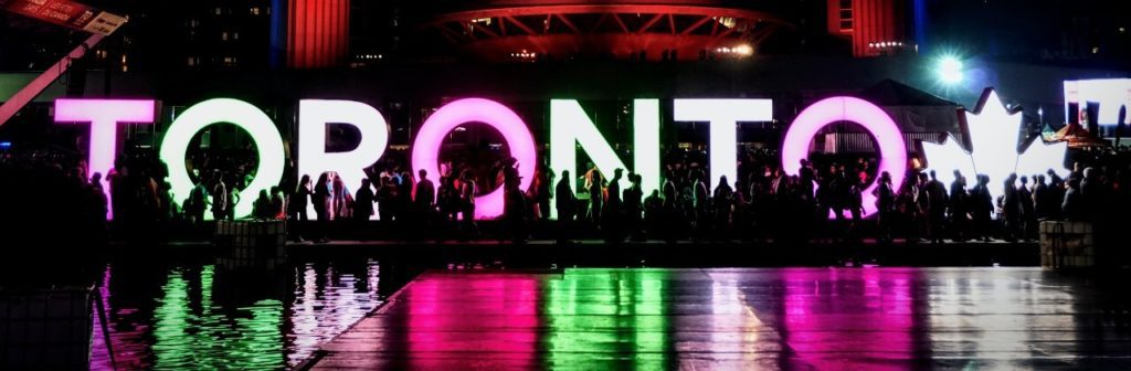 Image of the name Toronto made out of coloured lights from downtown
